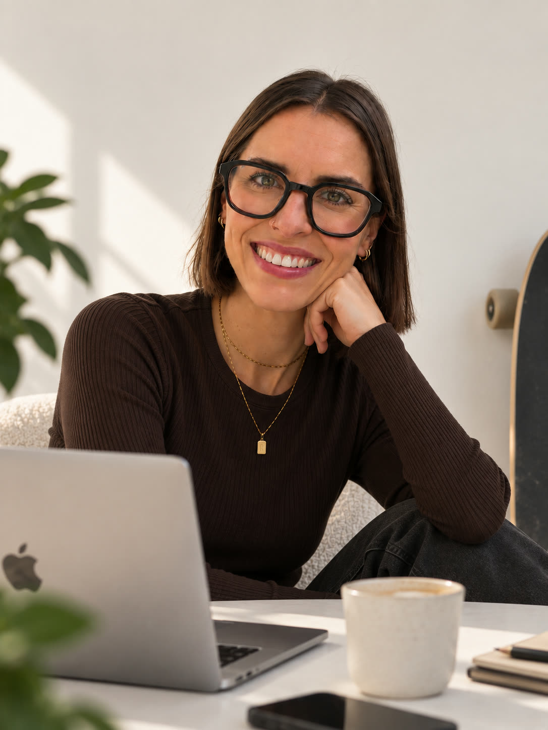 Julia Reuter an ihrem Schreibtisch, das Kinn in die Hand gestützt und den Blick in die Kamera: dunkler Bob, schwarze Brille, brauner Rippenpullover, eine feine Goldkette, ein offenes Lachen. Vor ihr ein aufgeklappter Laptop, eine Tasse Kaffee und ein Notizbuch, links Grünpflanzen, rechts ein Skateboard an der hellen Wand.