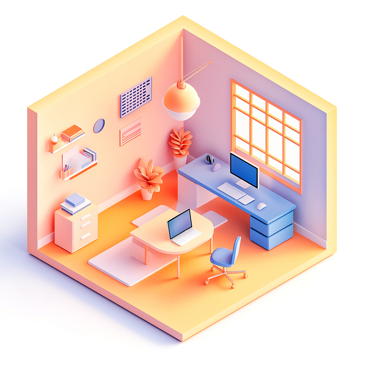 Axonometrische Illustration eines Arbeitszimmers mit offener Ecke: ein hellblauer Schreibtisch mit Monitor am Fenster, davor ein zweiter Tisch mit Laptop und Drehstuhl, an der Wand Regale, Notizen und eine Pflanze, von der Decke hängt eine orange Lampe.