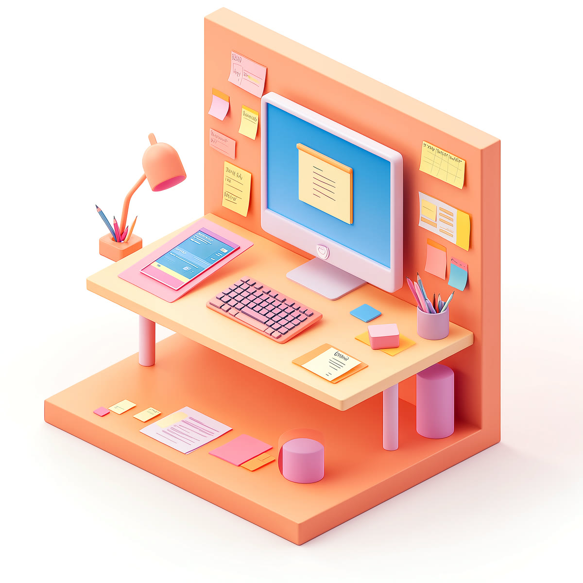 Axonometrische Illustration eines Arbeitsplatzes: ein Schreibtisch mit großem Monitor vor einer orangen Wand, die über und über mit gelben und rosa Notizzetteln beklebt ist. Auf dem Tisch ein Tablet, eine Tastatur, ein Stiftbecher und eine Lampe.