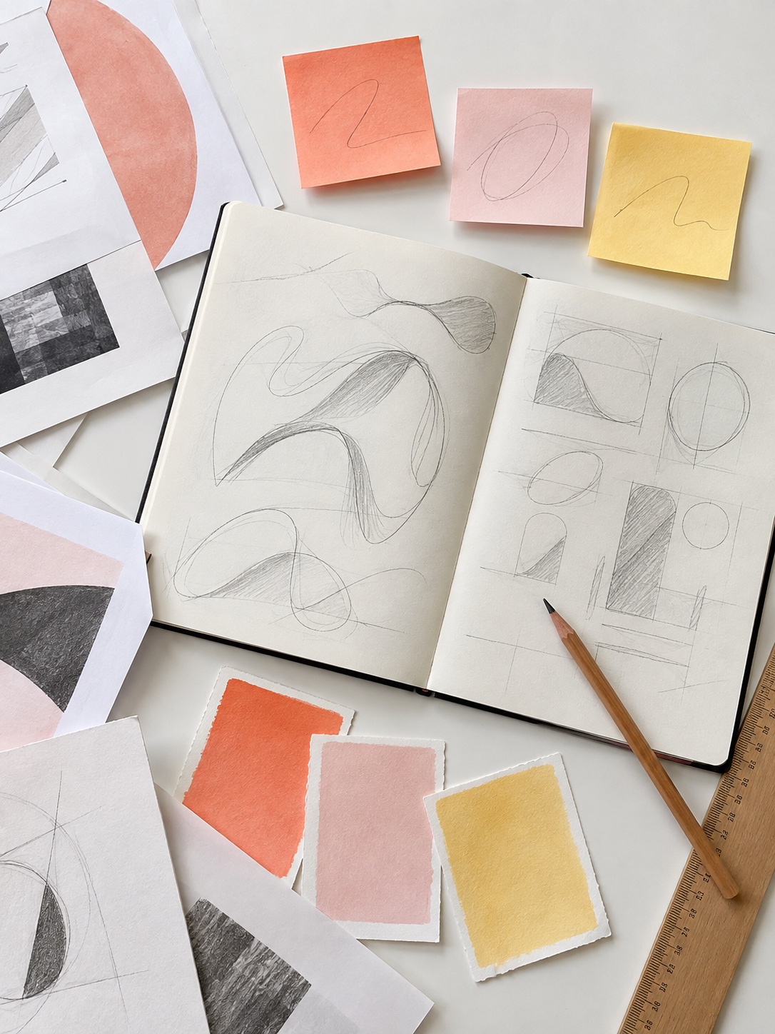 Flat-Lay-Foto von oben auf einem hellen Tisch: ein aufgeschlagenes Skizzenbuch mit abstrakten Bleistiftformstudien auf beiden Seiten, darum verteilt lose Papiere mit schwarz-weißen Formexperimenten, drei handbemalte Farbmusterkärtchen in Orange, Rosa und Gelb sowie drei Haftnotizen in denselben Farben, dazu ein Holzlineal und ein Bleistift.